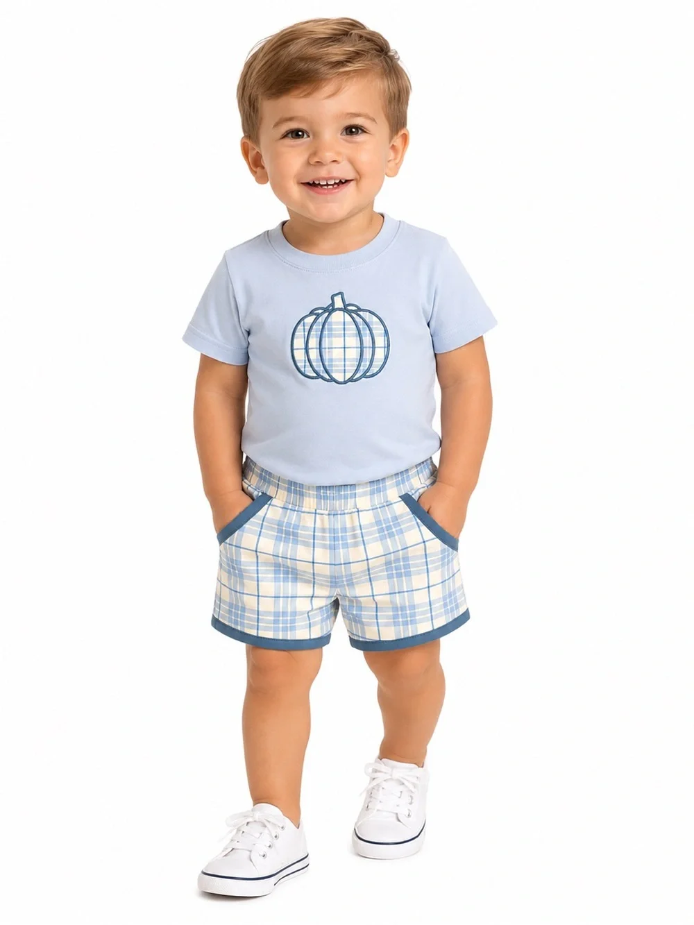 Southern Darling Smocks Pumkin Light Blue Plaid Matching Shorts Set